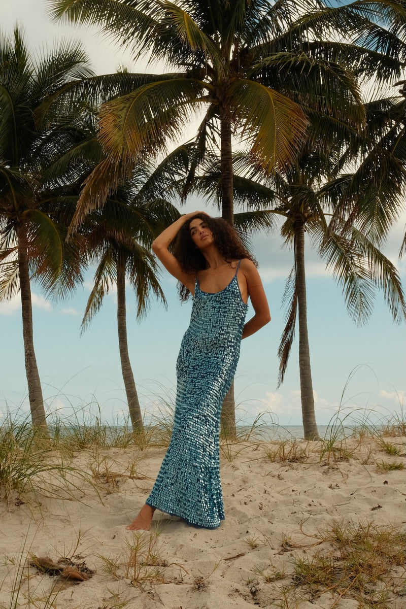 Ariel Sequin Slip Dress Aqua / Petite