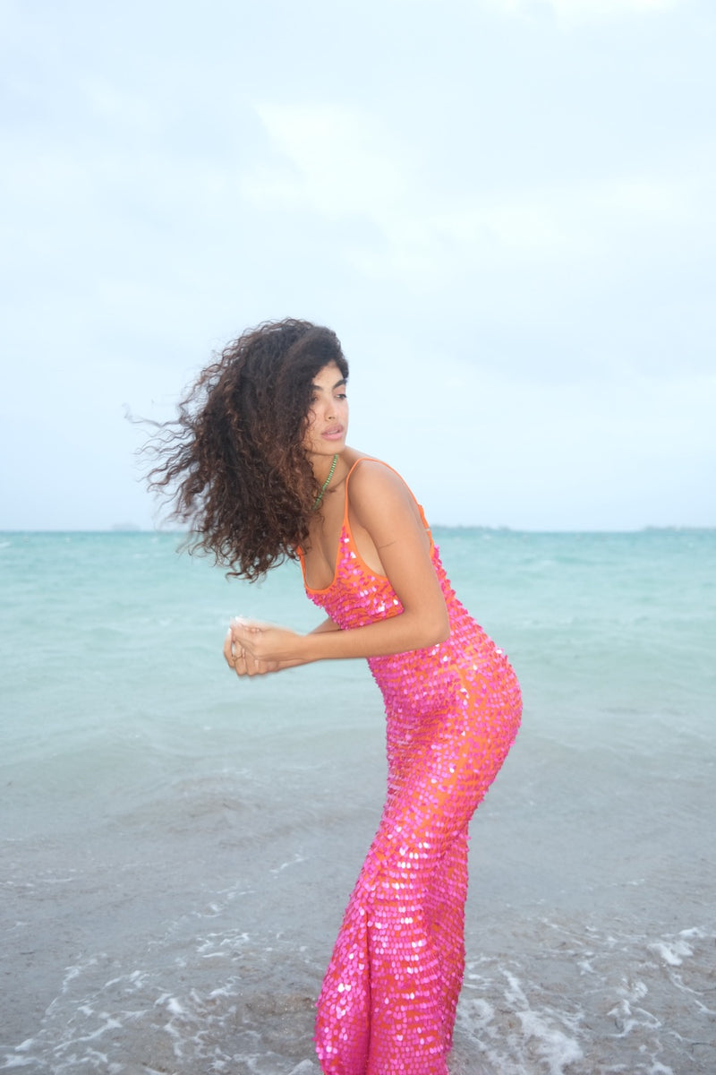 Ariel Sequin Slip Dress Aqua / PETITE