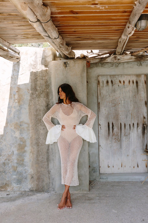 Crochet Contrast Ruffle Sleeve Dress