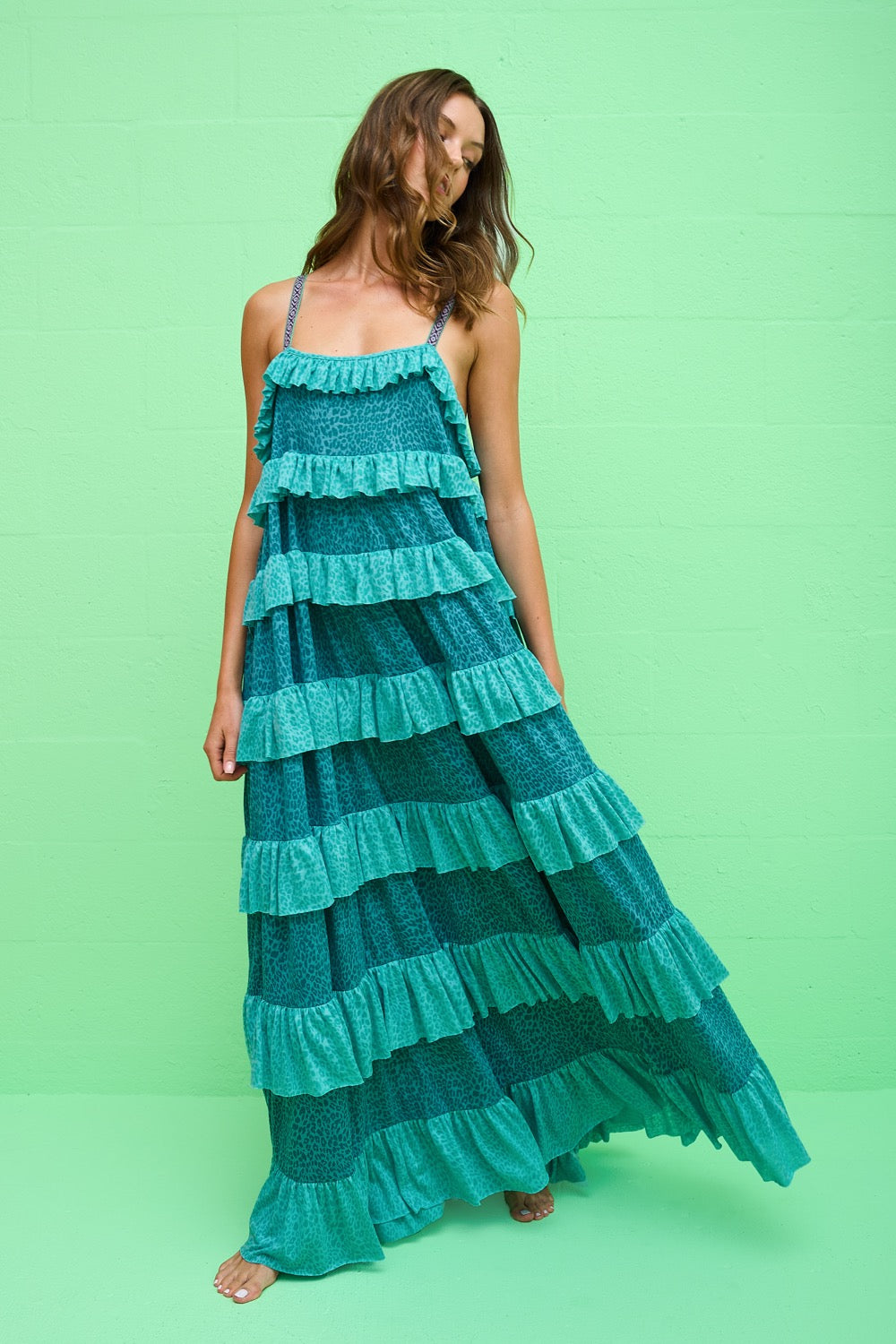 Colorblock Tiered Ruffle Dress Teal / Standard