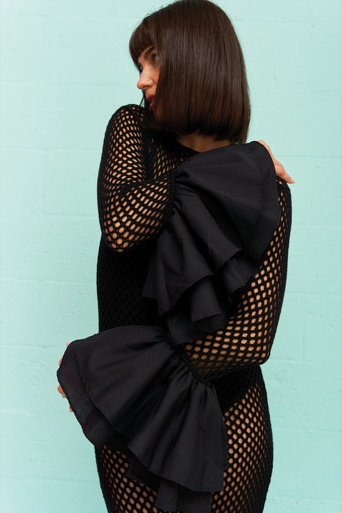 Crochet Contrast Ruffle Sleeve Dress