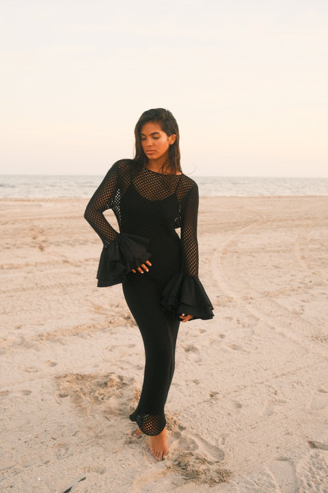 Crochet Contrast Ruffle Sleeve Dress