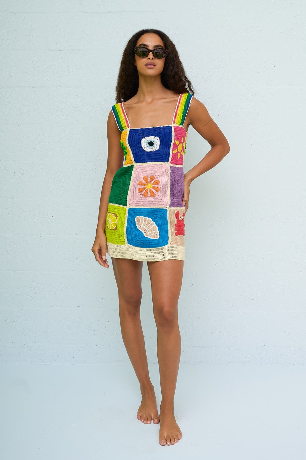 Crochet Patchwork Mini Dress Multicolor / Petite Crochet Patchwork Mini Dress Multicolor / Petite