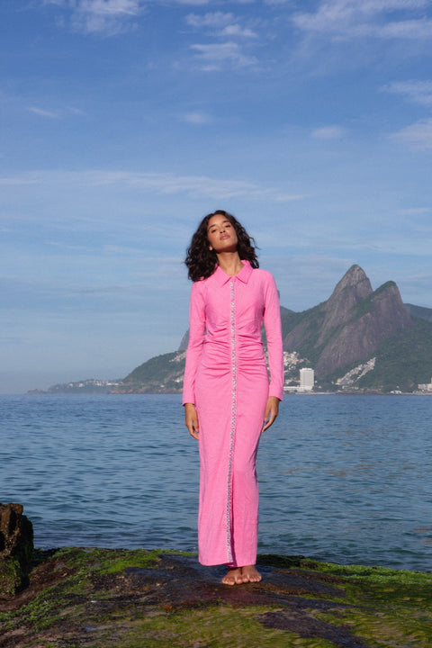 Vestido Pima con botones y pliegues