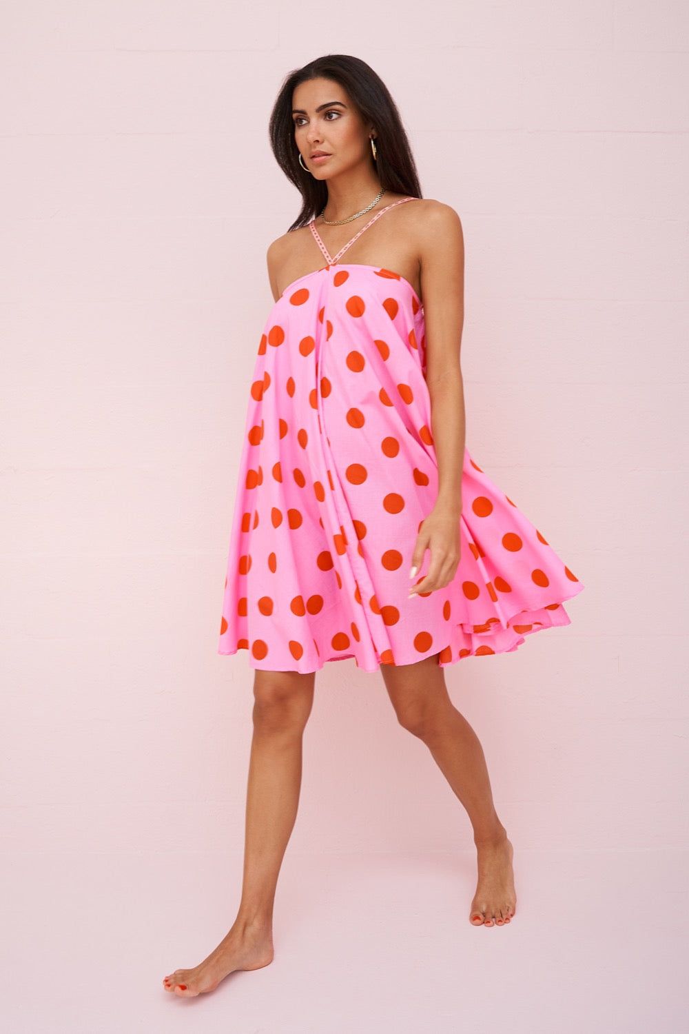 pink polka dot halter dress Soft Tides Halter Mini Dress Pink Polka Dot
