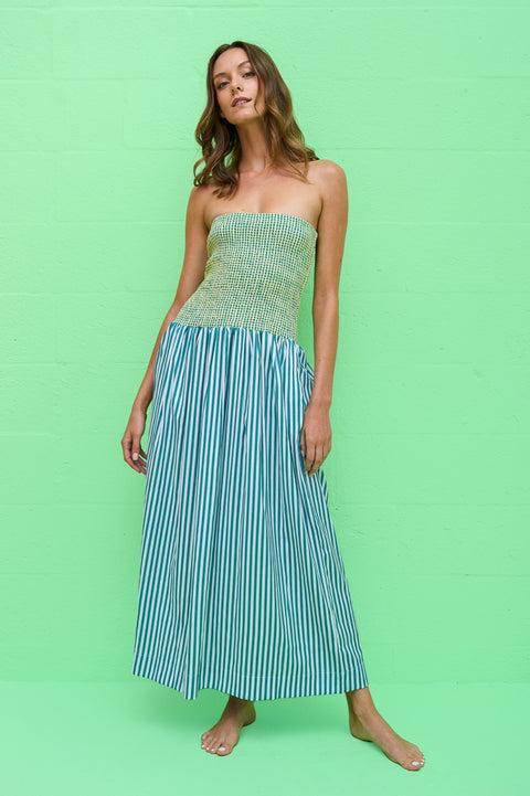 Strapless Smocked Midi Dress