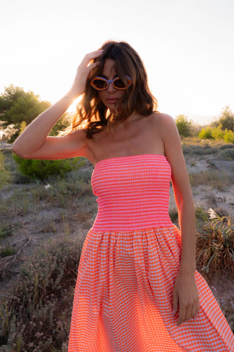 Strapless Smocked Midi Dress