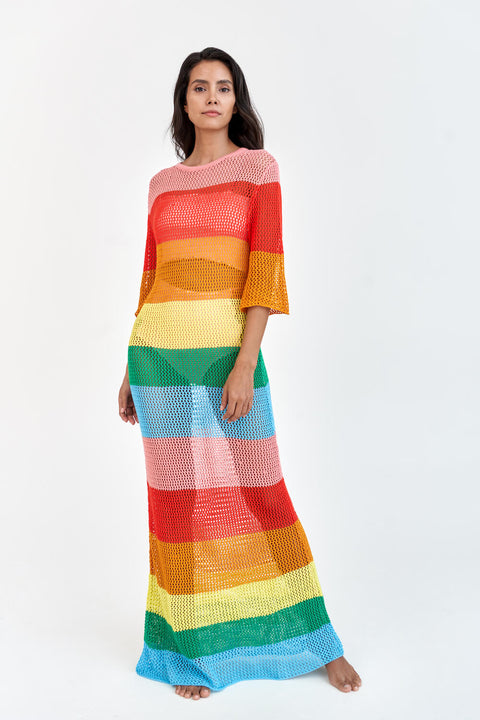 Vestido largo de crochet arcoíris